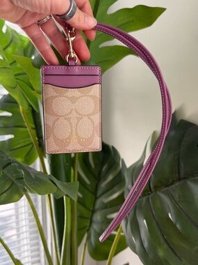 Coach Brown Signature Cardholder with Mauve Trim and Strap